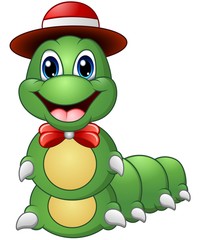 Cartoon caterpillar with hat and bow tie