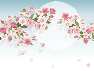 Vector illustration of a beautiful floral border with cherry blossom tree branches. Light blue background