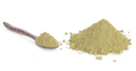 powdered green tea with bamboo spoon , isolated on white backgro