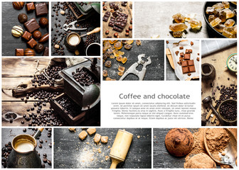 Food collage of coffee and chocolate .