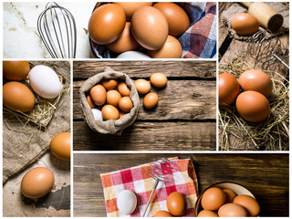 Food collage of chicken eggs .