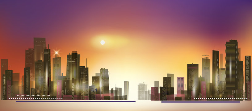 Modern night city skyline at sunset