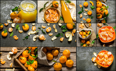 Food collage of fresh mandarin .