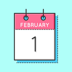 Vector Calendar Icon. Flat and thin line vector illustration. Calendar sheet on light blue background. February 1th