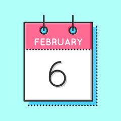 Vector Calendar Icon. Flat and thin line vector illustration. Calendar sheet on light blue background. February 6th.