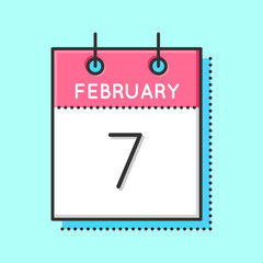 Vector Calendar Icon. Flat and thin line vector illustration. Calendar sheet on light blue background. February 7th.