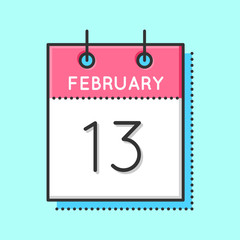 Vector Calendar Icon. Flat and thin line vector illustration. Calendar sheet on light blue background. February 13th. Chinese new year. World Radio Day