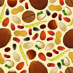Fototapeta na wymiar Seamless pattern of nutritious nuts and grains