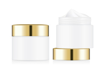 White cream jar with gold lid isolated on white background. Ideal for mock up packaging.