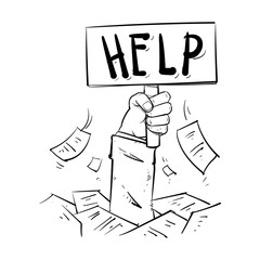 Business man buried in a pile of sheets. too much work. hand dra