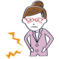 線画の淡いスーツのキャリアウーマン　赤いめがね　上半身　腹痛
