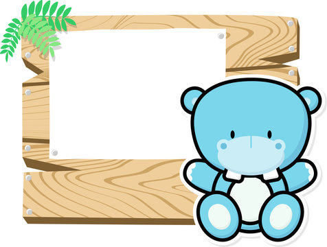 illustration of cute baby hippo on wooden board with blank sign isolated on white background