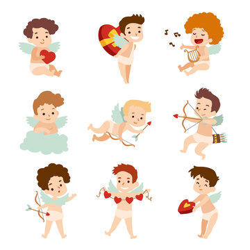 Set of Cupid cartoon characters isolated on white background. Vector illustration