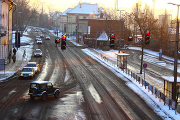 Winter morning traffic in the city