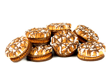 Chocolate cookies round shape closeup on a white background.