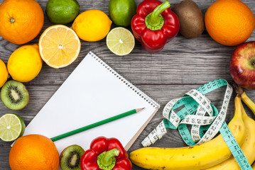 Fitness concept with fruit. Top view background concept. Fitness