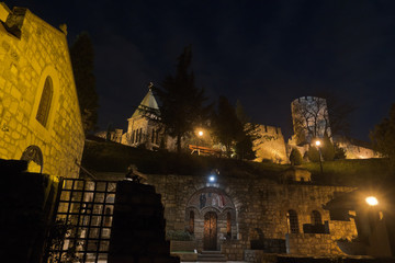 Fototapeta na wymiar Small church inside Kalemegdan fortress at twilight, Belgrade, Serbia