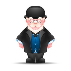 Full length portrait of senior man dressed in formal suit. Cheerful elderly gentleman in a bowler hat isolated on white . Vector illustration 10 EPS