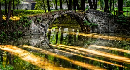 Old stone bridge in the park - obrazy, fototapety, plakaty