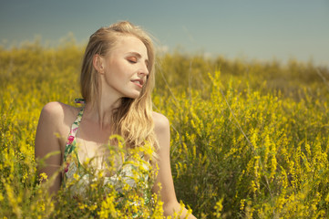 Naklejka na ściany i meble Blonde young sexy beautiful girl in the field yellow flowers