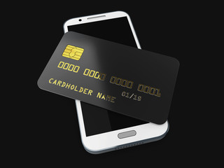 3d illustration of detailed black credit card isolated on black background