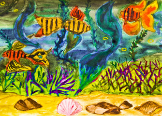 Fototapeta na wymiar Golden Fishes, illustration, watercolor