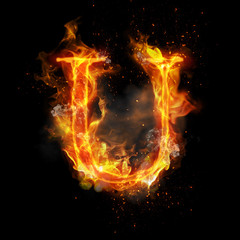 Fire letter U of burning flame light