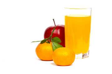 tangerines, apple and juice glass isolated on white background