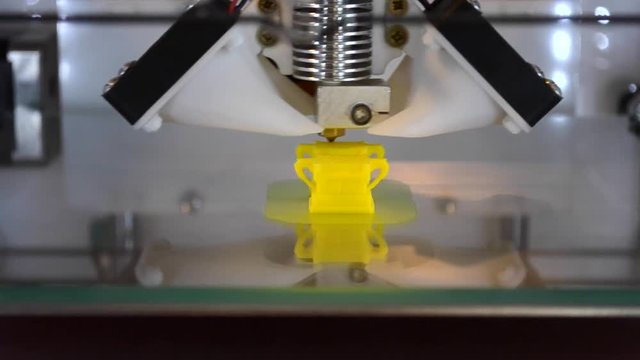 4 four videos Timelapse The process of new printing 3D printer isolated object on a flat clean mirror reflective surface close up, real time. Modern technology prototyping of plastic or other material