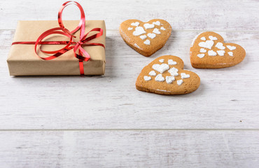 Present to the Valentine's Day  on the  table. Copy space