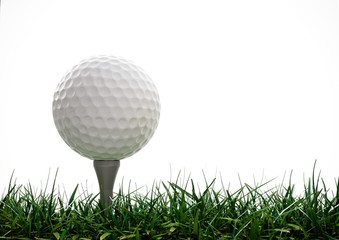 Golf ball  with tee in the grass on white background