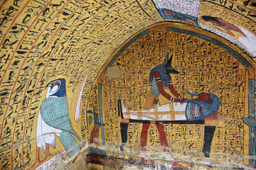 Wall painting and decoration of the tomb: ancient Egyptian gods and hieroglyphs in wall painting
