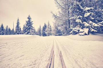 Poster Retro stylized photo of cross-country skis on tracks © MaciejBledowski