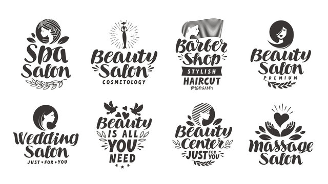 Vector set beauty salon labels, logos and icons. Lettering Spa, Barber shop, Wedding, Massage