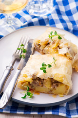 strudel with potatoes and forcemeat. .selective focus.