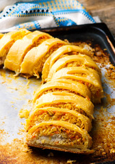 strudel with sauerkraut and fish. .selective focus.