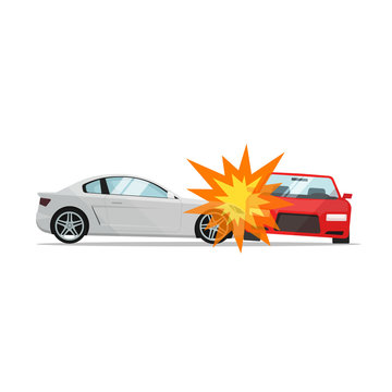 Car crash vector illustration flat cartoon style, two automobiles collision, auto accident scene side and front