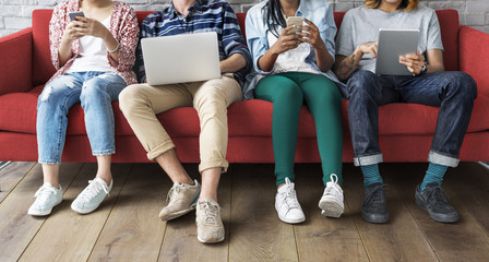 Diversity Friends Using Digital Devices Concept