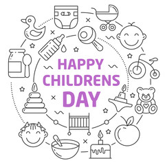 Vector Line Art Illustration in Flat styles happy childrens day