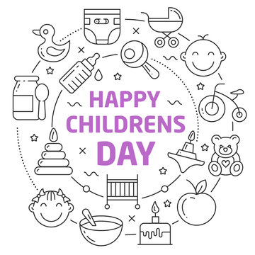 Vector Line Art Illustration in Flat styles happy childrens day