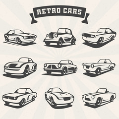 Obraz premium Set of classic cars silhouettes. Retro cars design logo elements. Vector illustration