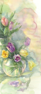 color tulips in vase watercolor