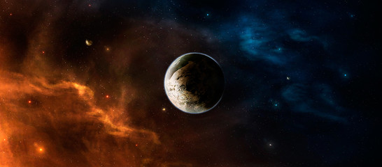 Space background. Orange and blue colorful nebula with planet. Elements furnished by NASA. 3D...