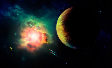 Obraz na płótnie Canvas Space background. Colorful nebula with planet. Elements furnished by NASA. 3D rendering