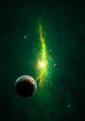 Plakat Space background. Colorful green nebula with planet. Elements furnished by NASA. 3D rendering