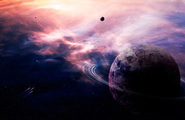 Space background. Colorful nebula with planet and spaceship. Elements furnished by NASA. 3D...