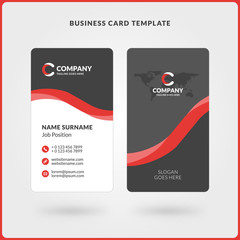 Vertical Double-sided Business Card Template. Red and Black Colors. Flat Design Vector Illustration. Stationery Design