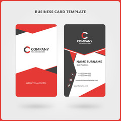 Vertical Double-sided Business Card Template. Red and Black Colors. Flat Design Vector Illustration. Stationery Design