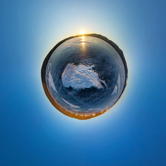 Spherical panorama of the sunrise on the island of Olkhon, snowy