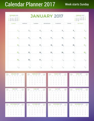 Calendar Planner Template for 2017 Year. Week Starts Sunday. 3 Months on Page. Set of 12 Months. Place for Notes. Stationery Design. Vector Calendar Template